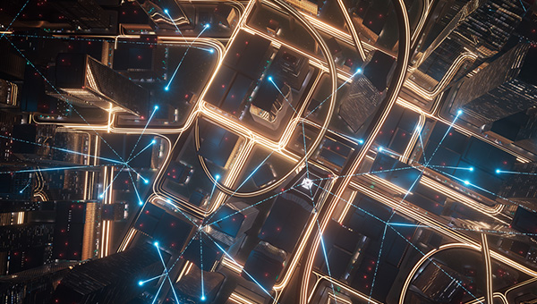 A birds eye view of a city at night showing data connectivity